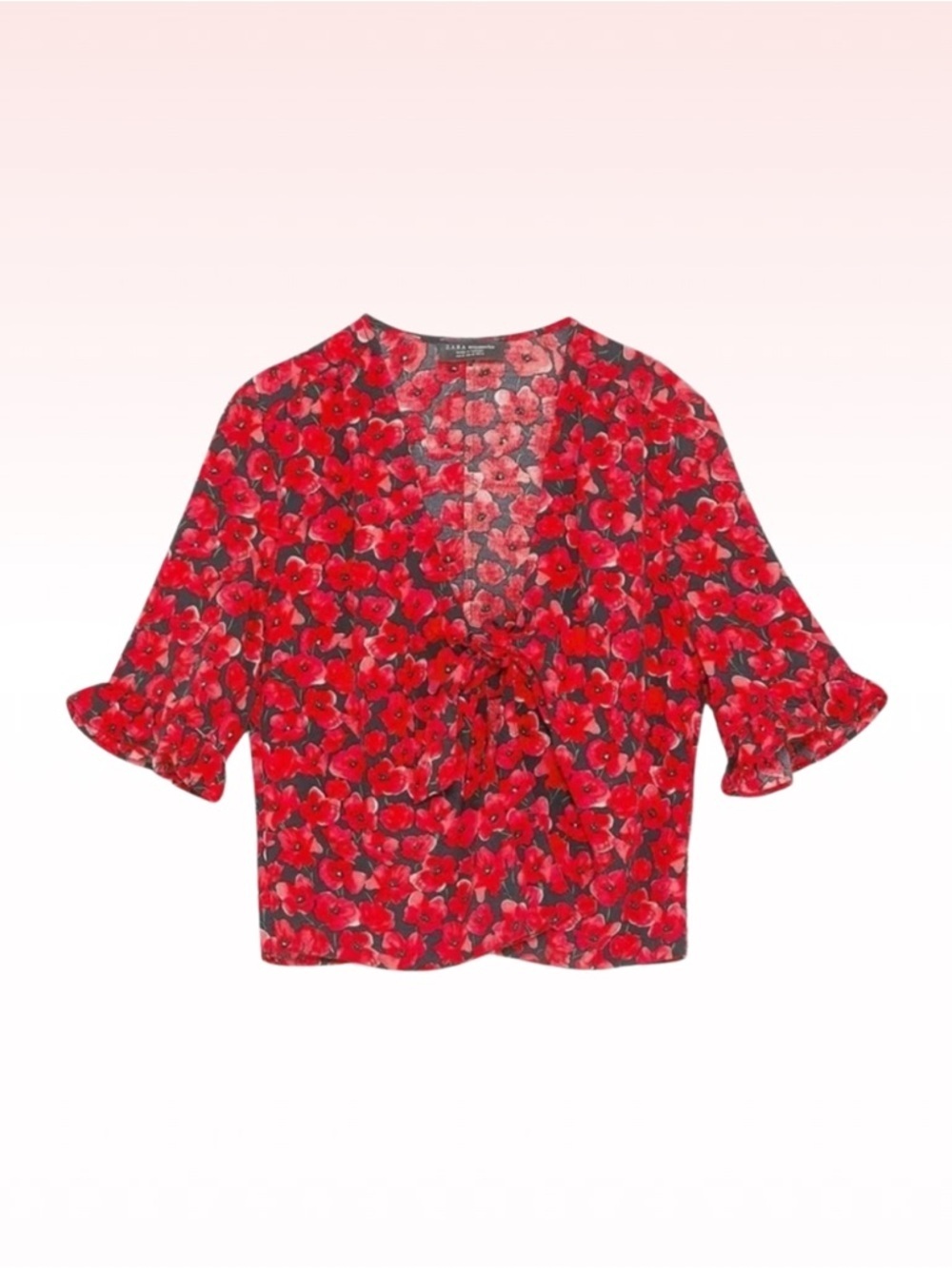 ZARA Red & Black Floral Tie Top (Sz M(